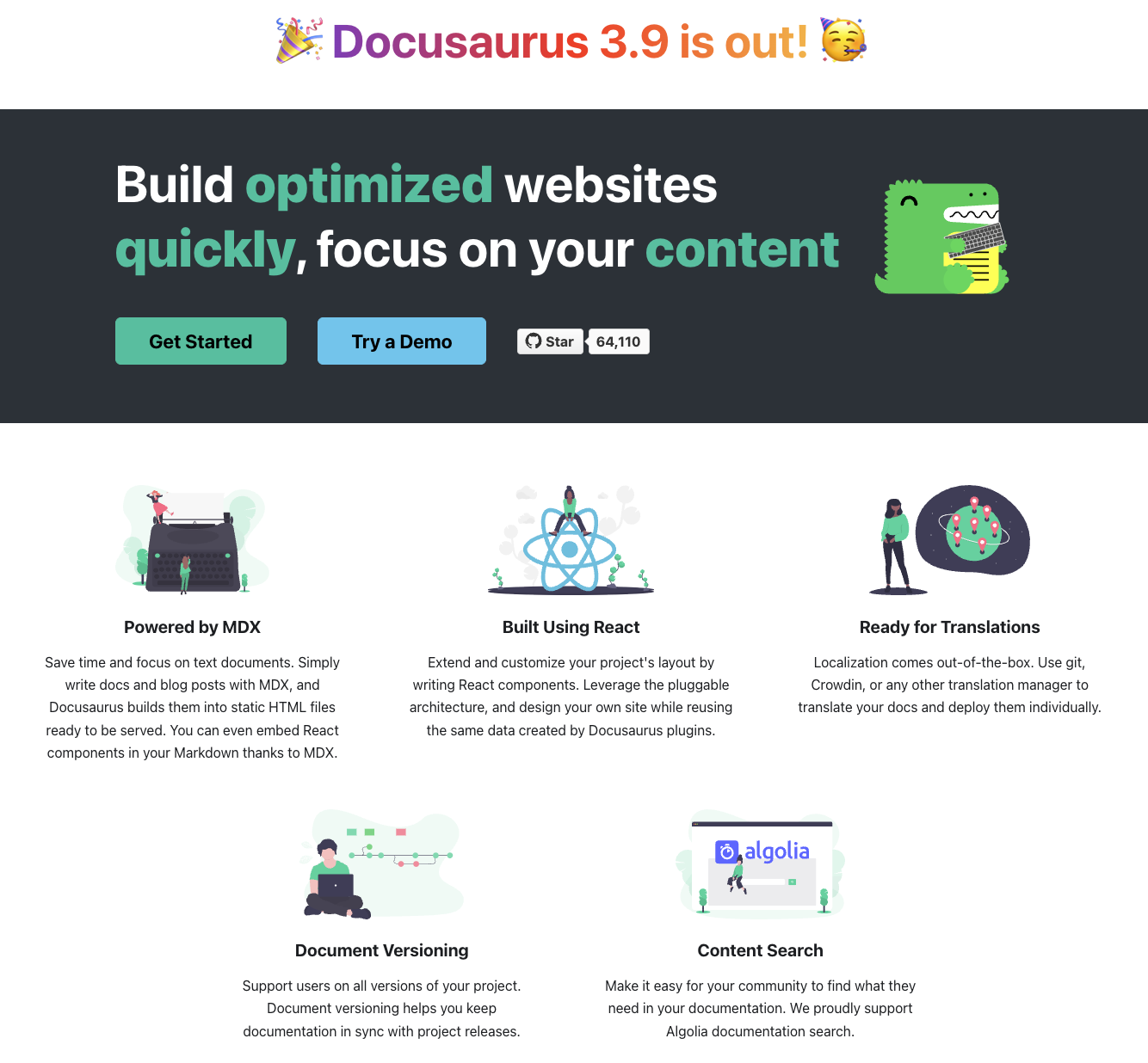 Docusaurus homepage highlighting MDX authoring, React customization, document versioning, and Algolia search