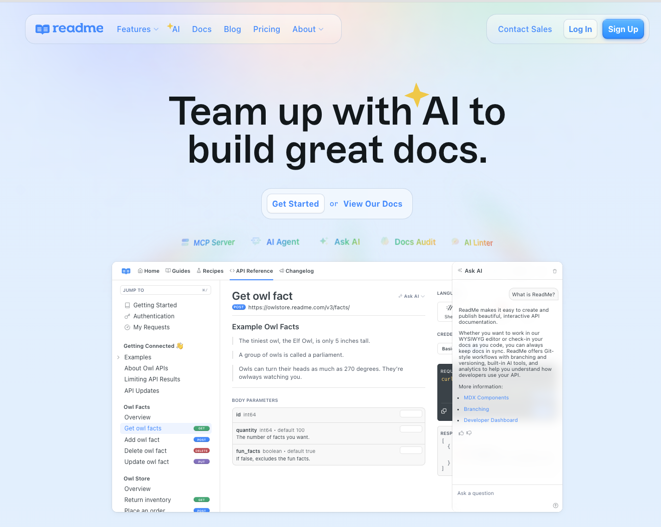 ReadMe homepage showing an interactive API reference with endpoint parameters and an Ask AI panel